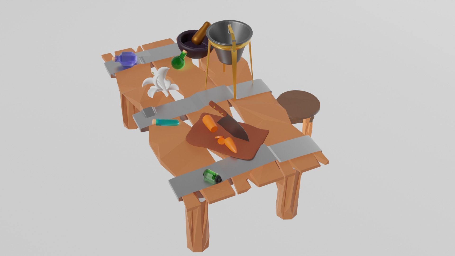 Low Poly Alchemy Table And Character Low-poly 3D model_1