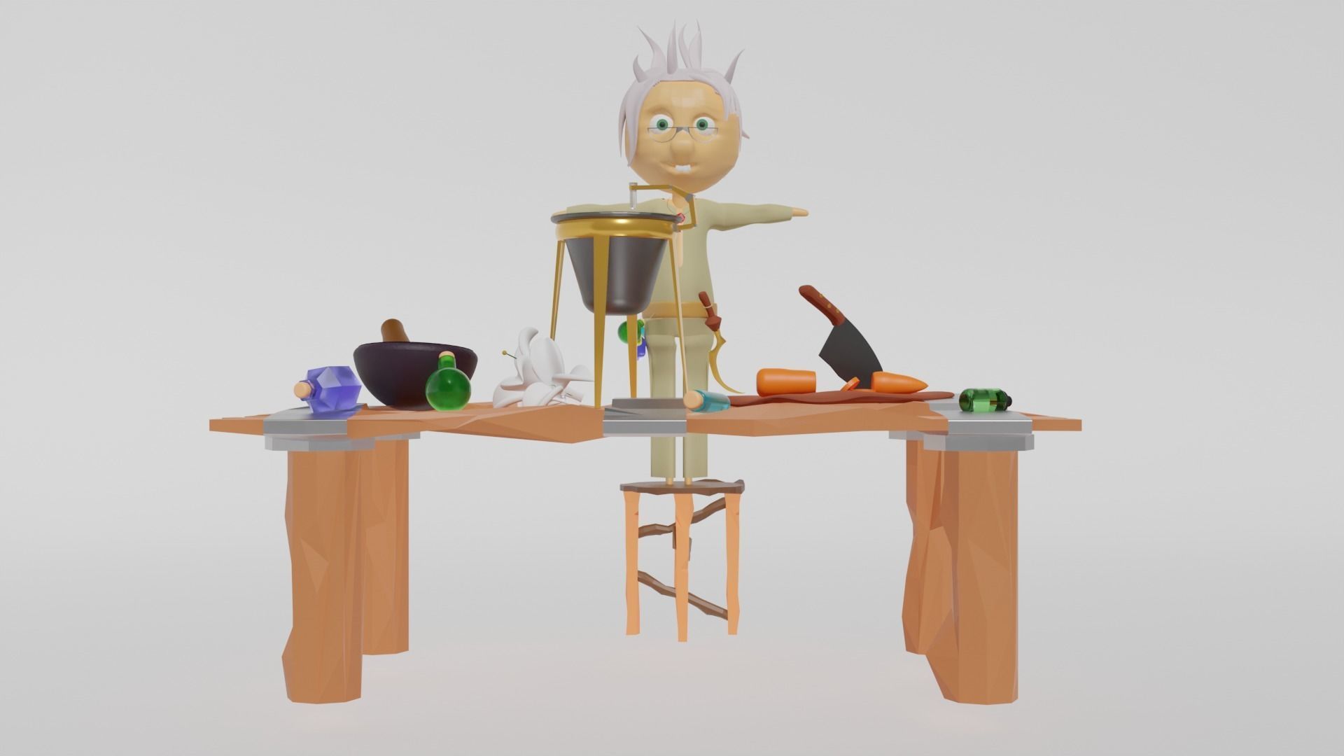 Low Poly Alchemy Table And Character Low-poly 3D model_5