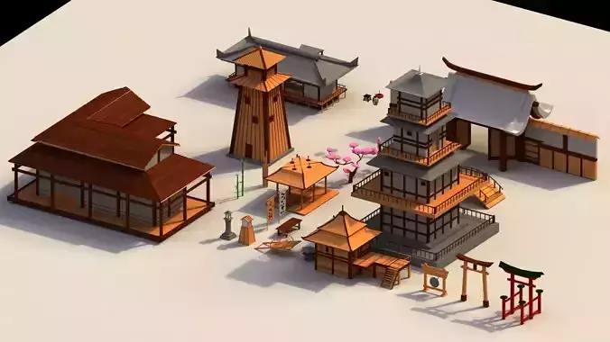 Low Poly Traditional Japanese Town Low-poly 3D model