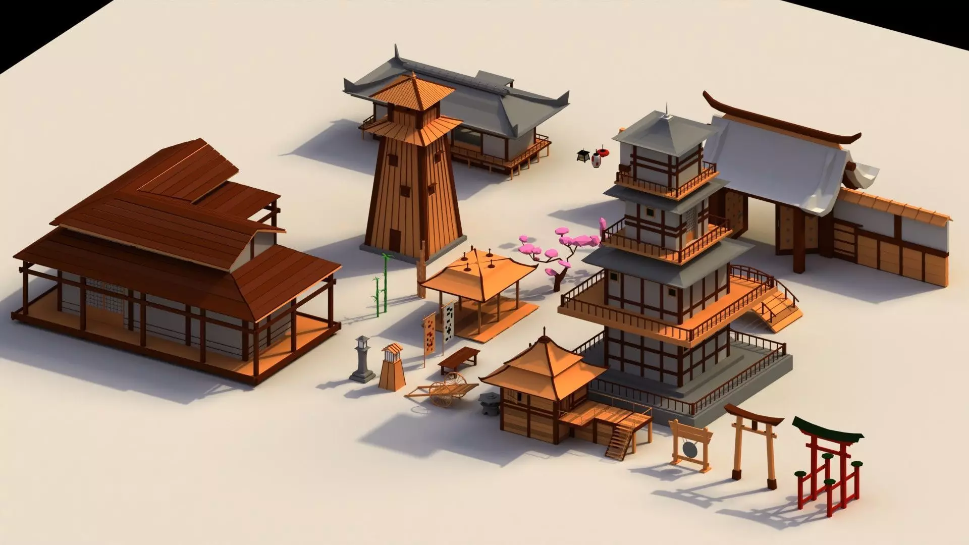 Low Poly Traditional Japanese Town Low-poly 3D model_0