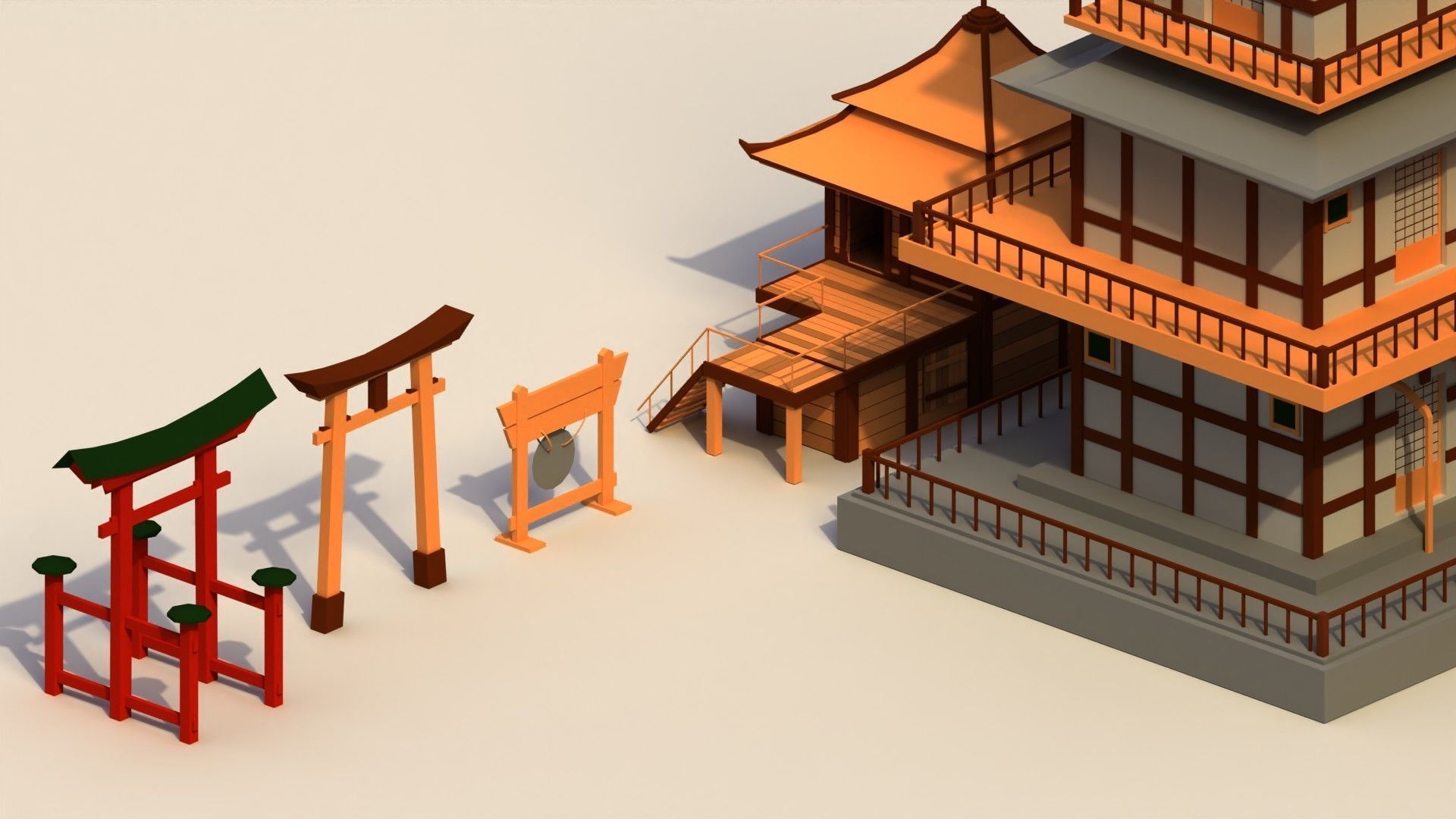 Low Poly Traditional Japanese Town Low-poly 3D model_6