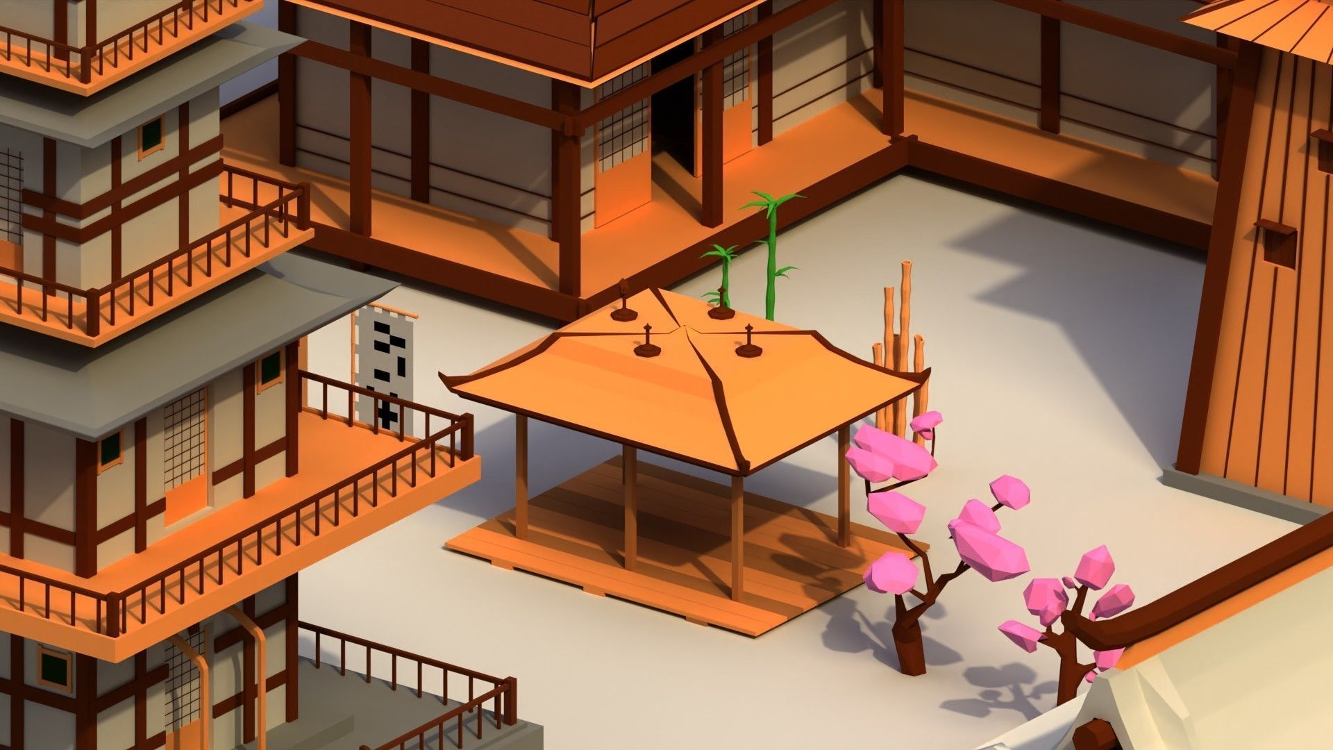 Low Poly Traditional Japanese Town Low-poly 3D model_9