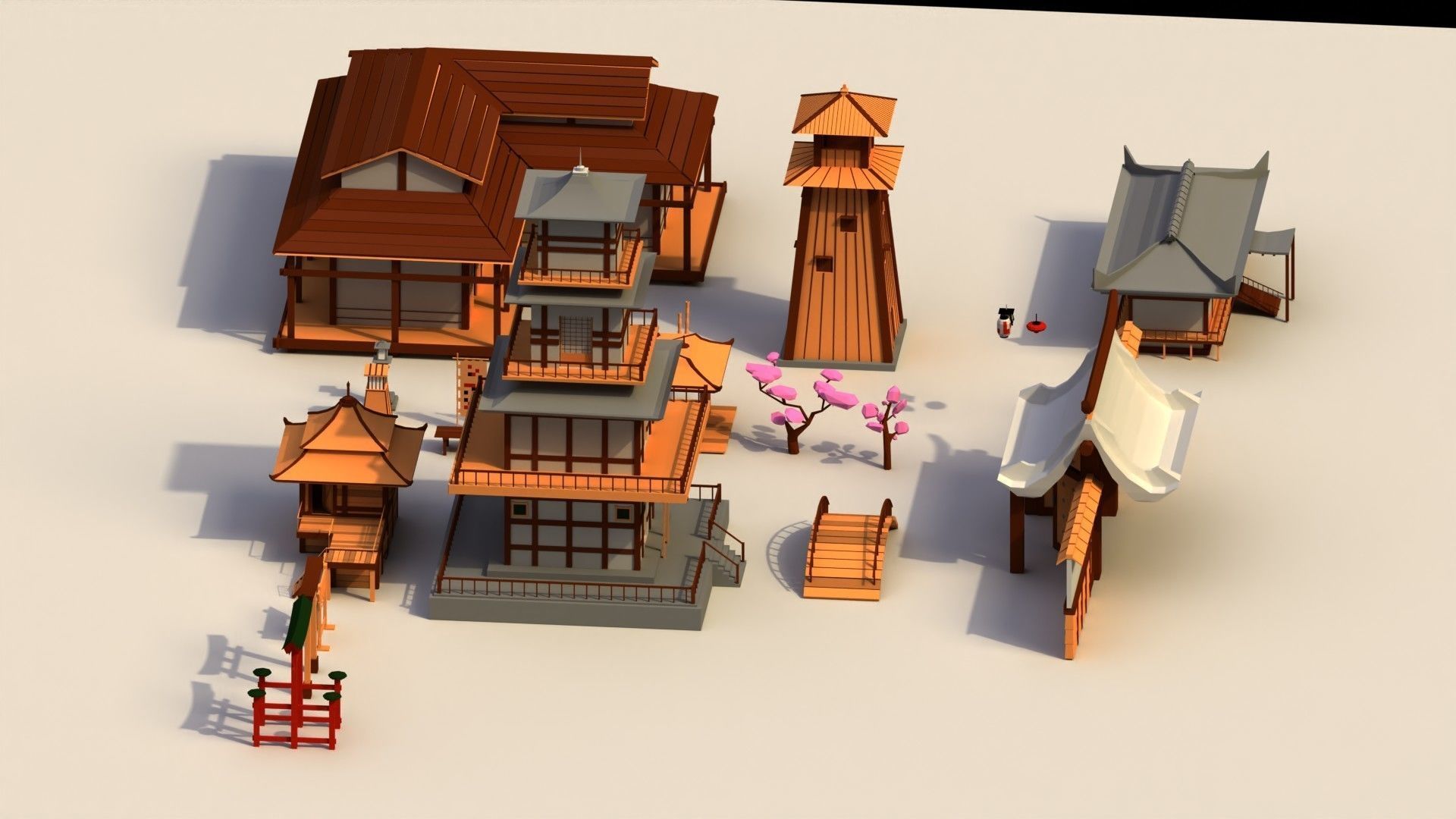 Low Poly Traditional Japanese Town Low-poly 3D model_1