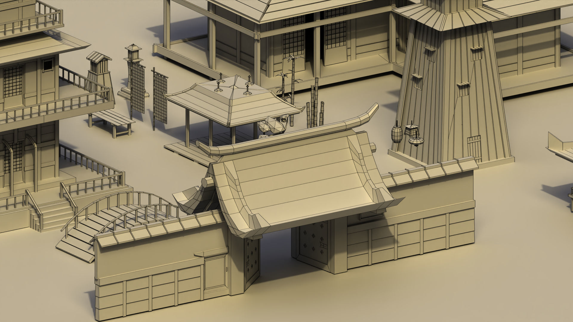 Low Poly Traditional Japanese Town Low-poly 3D model_10