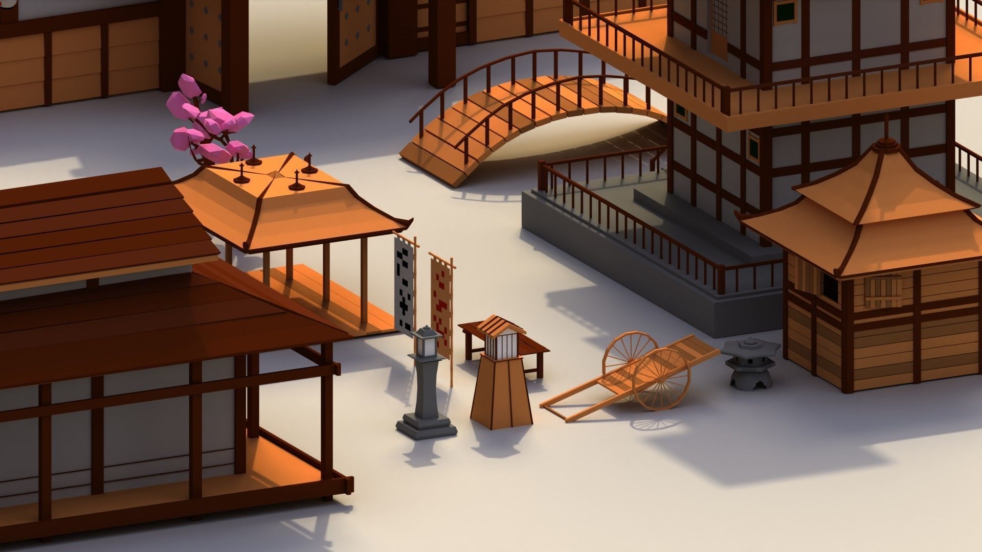 Low Poly Traditional Japanese Town Low-poly 3D model_5