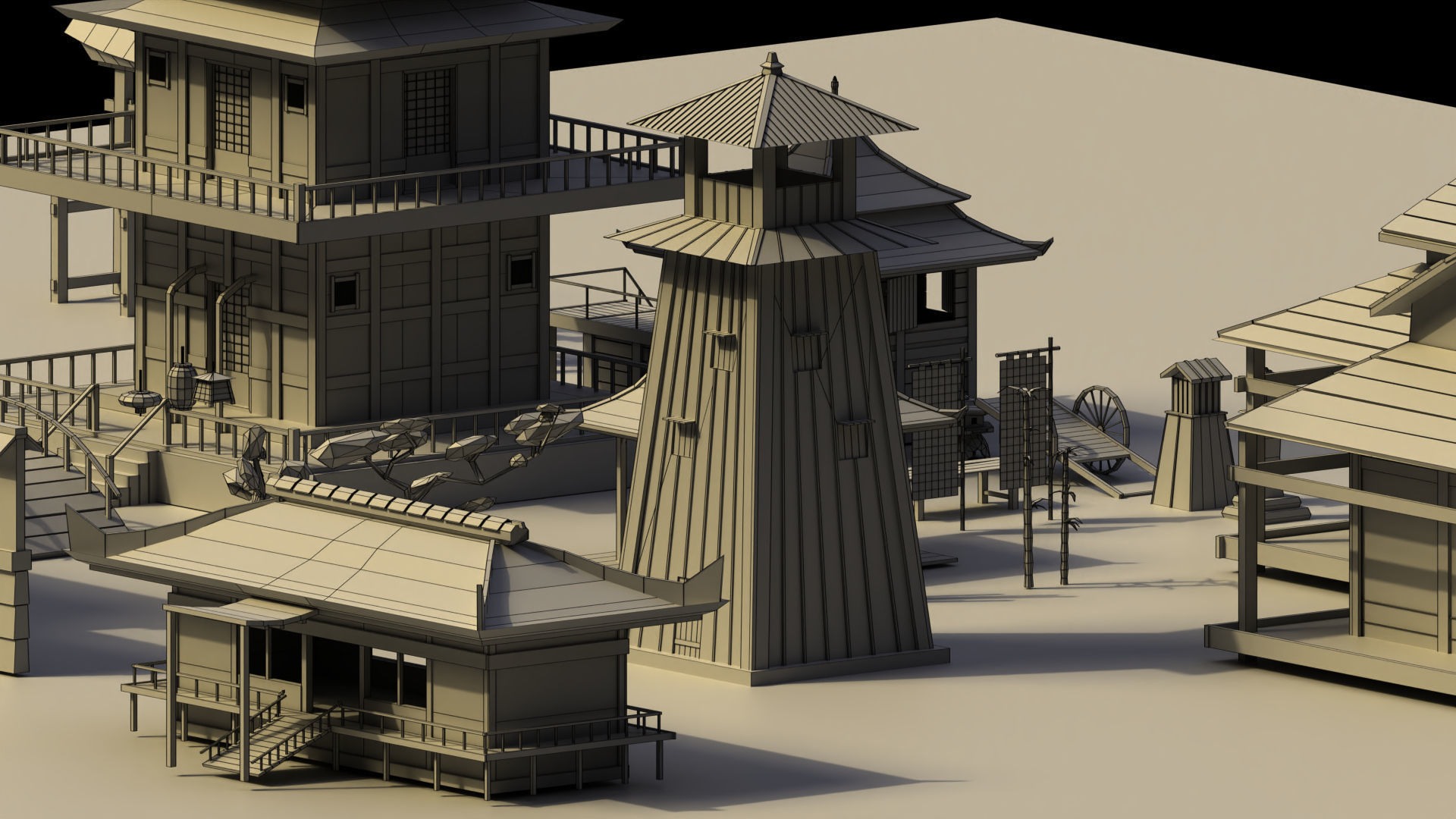 Low Poly Traditional Japanese Town Low-poly 3D model_11