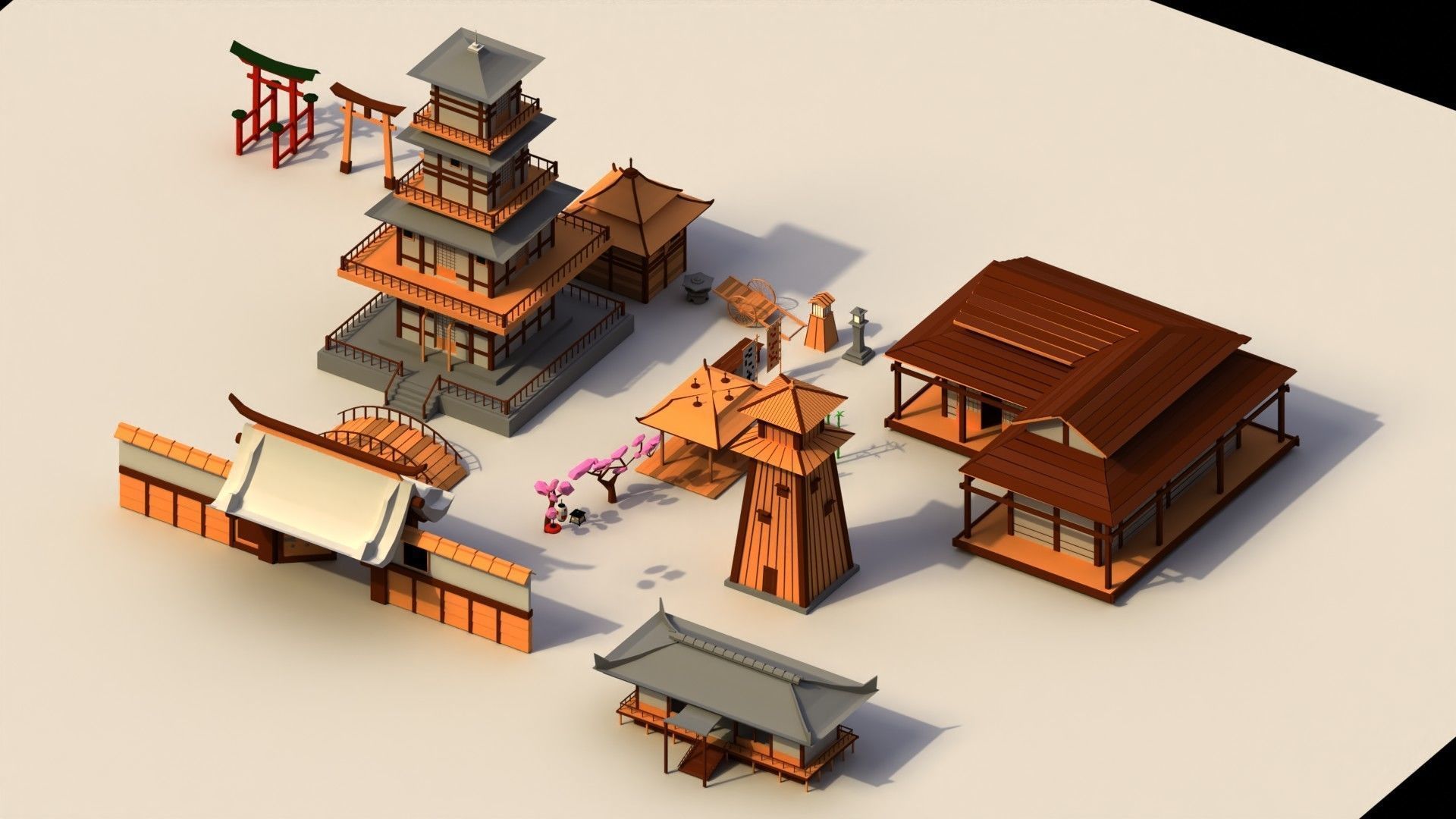 Low Poly Traditional Japanese Town Low-poly 3D model_3