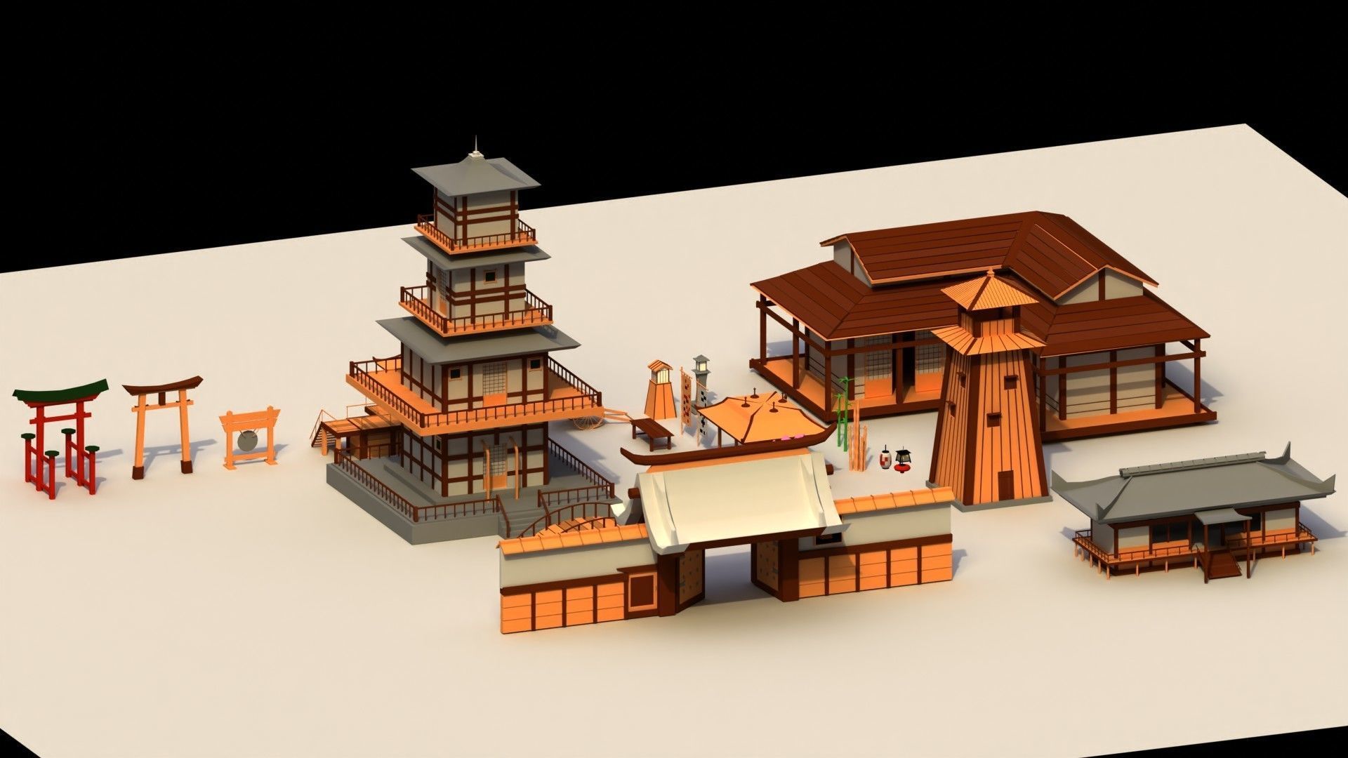 Low Poly Traditional Japanese Town Low-poly 3D model_2