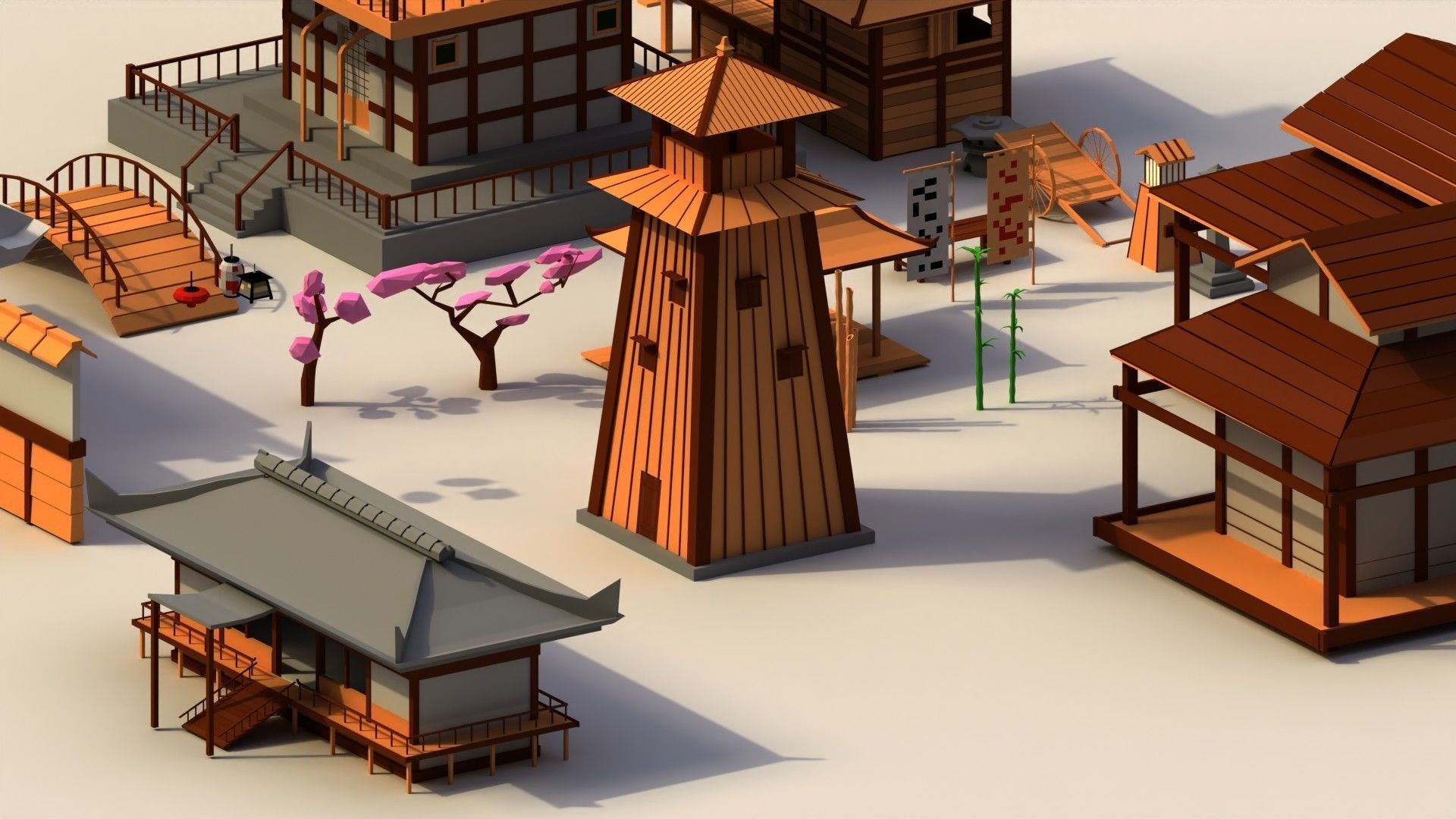 Low Poly Traditional Japanese Town Low-poly 3D model_8