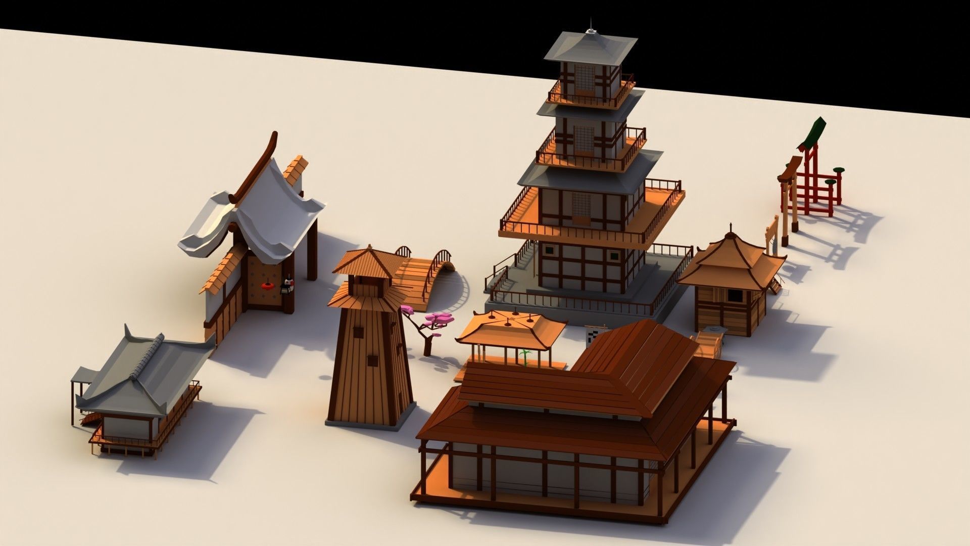 Low Poly Traditional Japanese Town Low-poly 3D model_4