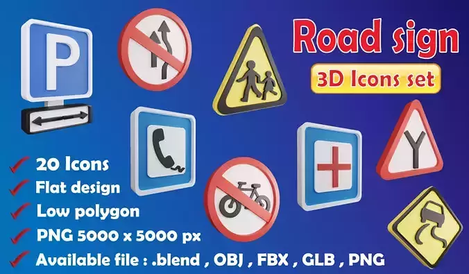 Road sign or Traffic sign 3D icon flat design collection no 3 Low-poly 3D model