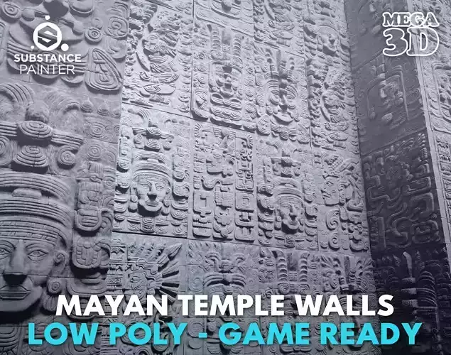 Low poly Gray Mayan Temple Wall 230719 Low-poly 3D model