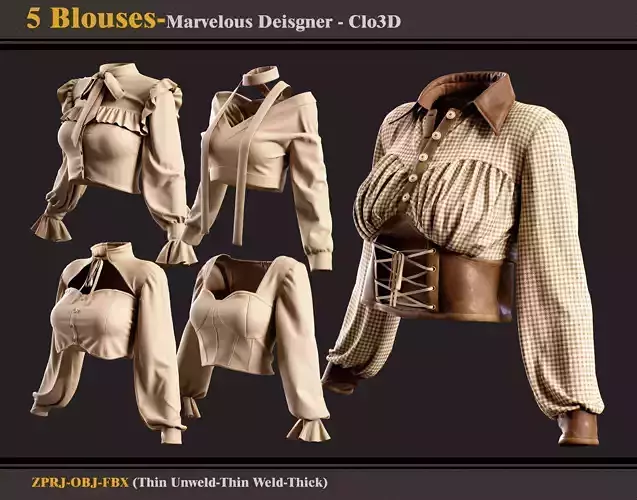 5 Blouses-Marvelous Designer-Clo3D -ZPRJ - FBX - OBJ