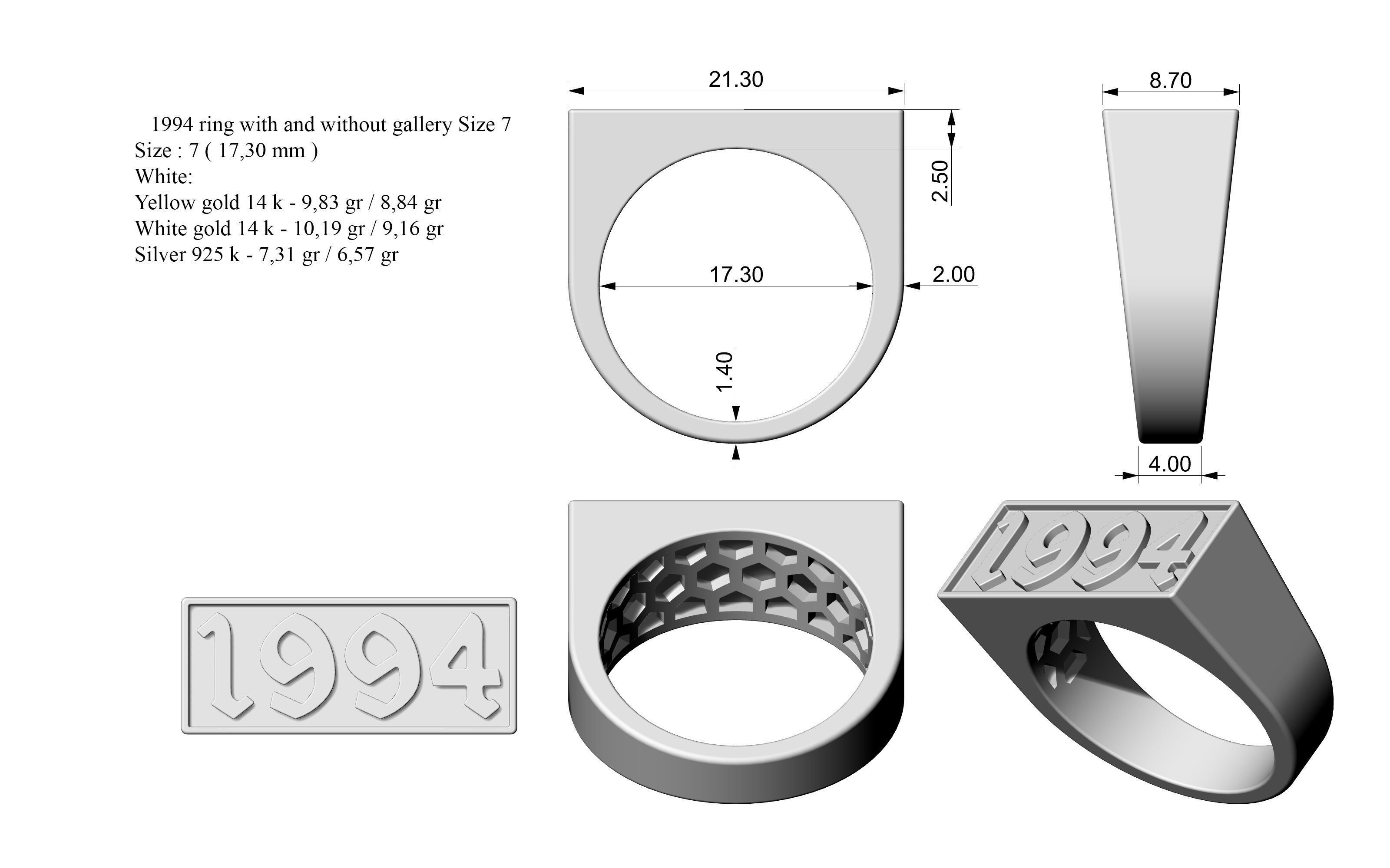 1994 Ring Set with and without gallery Size 5 - 9 US 3D print model_1