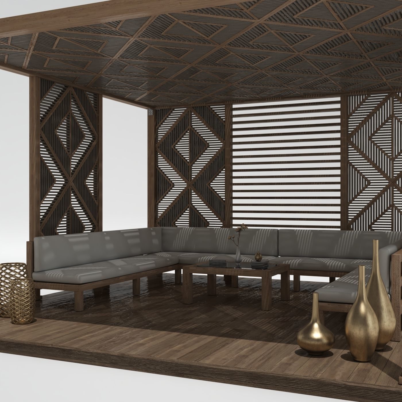 Wood Pattern Gazebo pergola 3D model_3