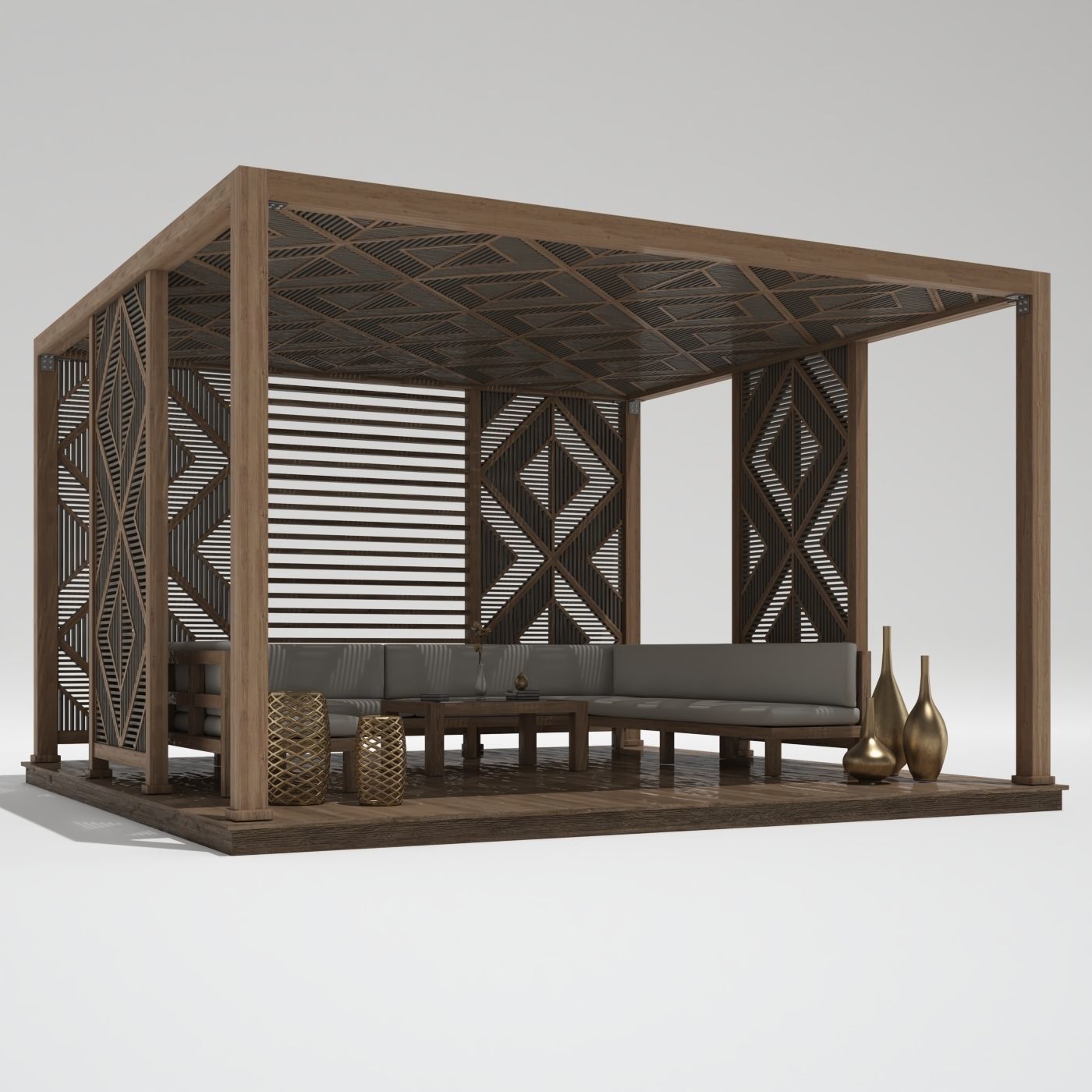 Wood Pattern Gazebo pergola 3D model_1