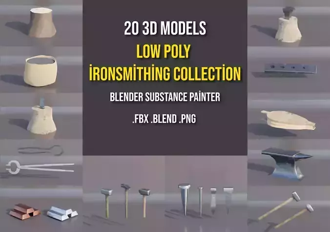 Low Poly Ironsmithing equipment Collection model Low-poly 3D model