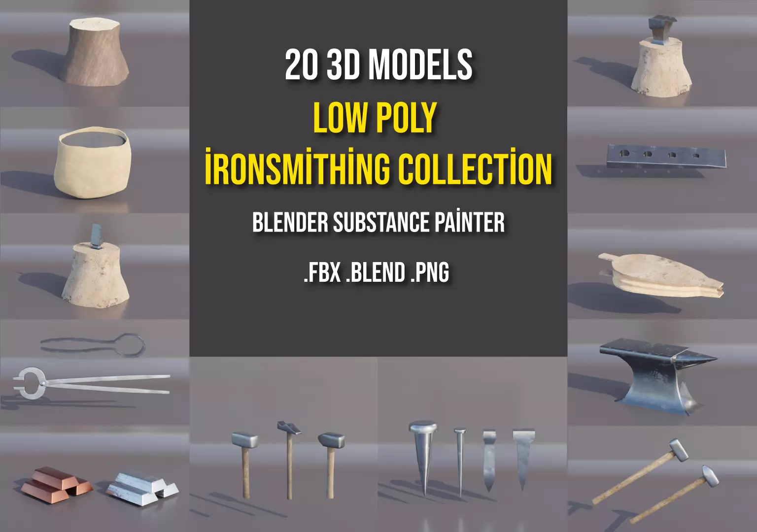 Low Poly Ironsmithing equipment Collection model Low-poly 3D model