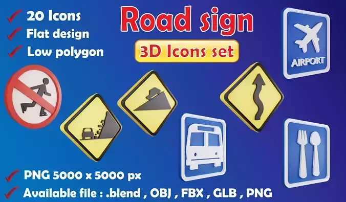 Road sign or Traffic sign 3D icon flat design collection no 4 Low-poly 3D model