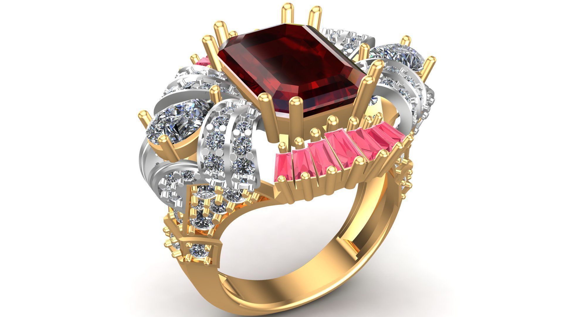 King Crown Big Emerald Cut Diamonds Ring 3D print model_3