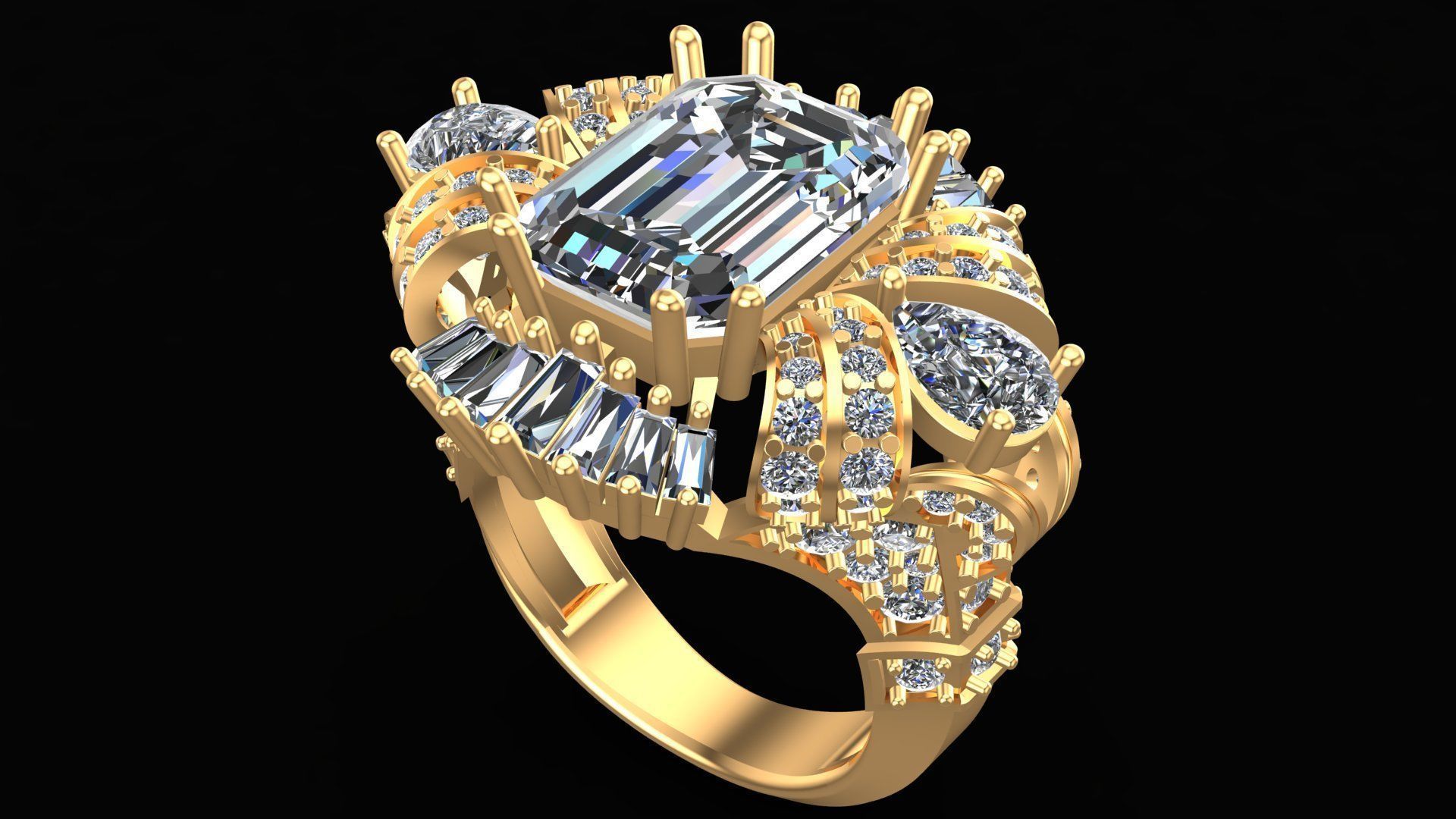 King Crown Big Emerald Cut Diamonds Ring 3D print model_12