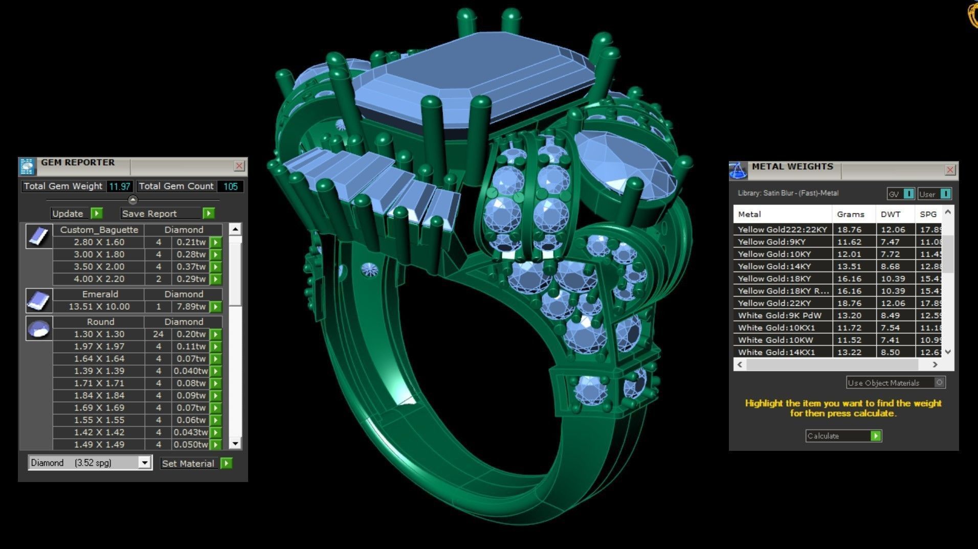 King Crown Big Emerald Cut Diamonds Ring 3D print model_2