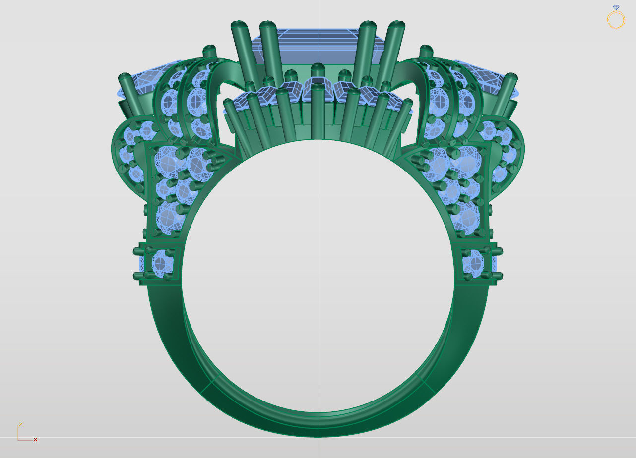 King Crown Big Emerald Cut Diamonds Ring 3D print model_18