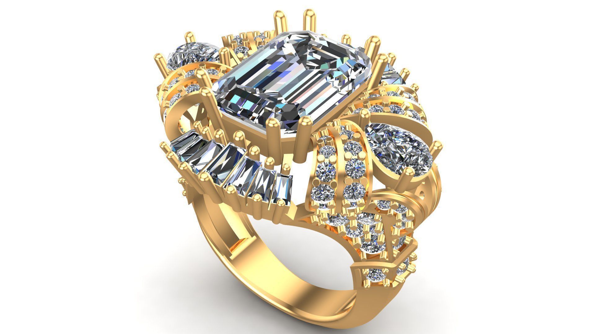 King Crown Big Emerald Cut Diamonds Ring 3D print model_1