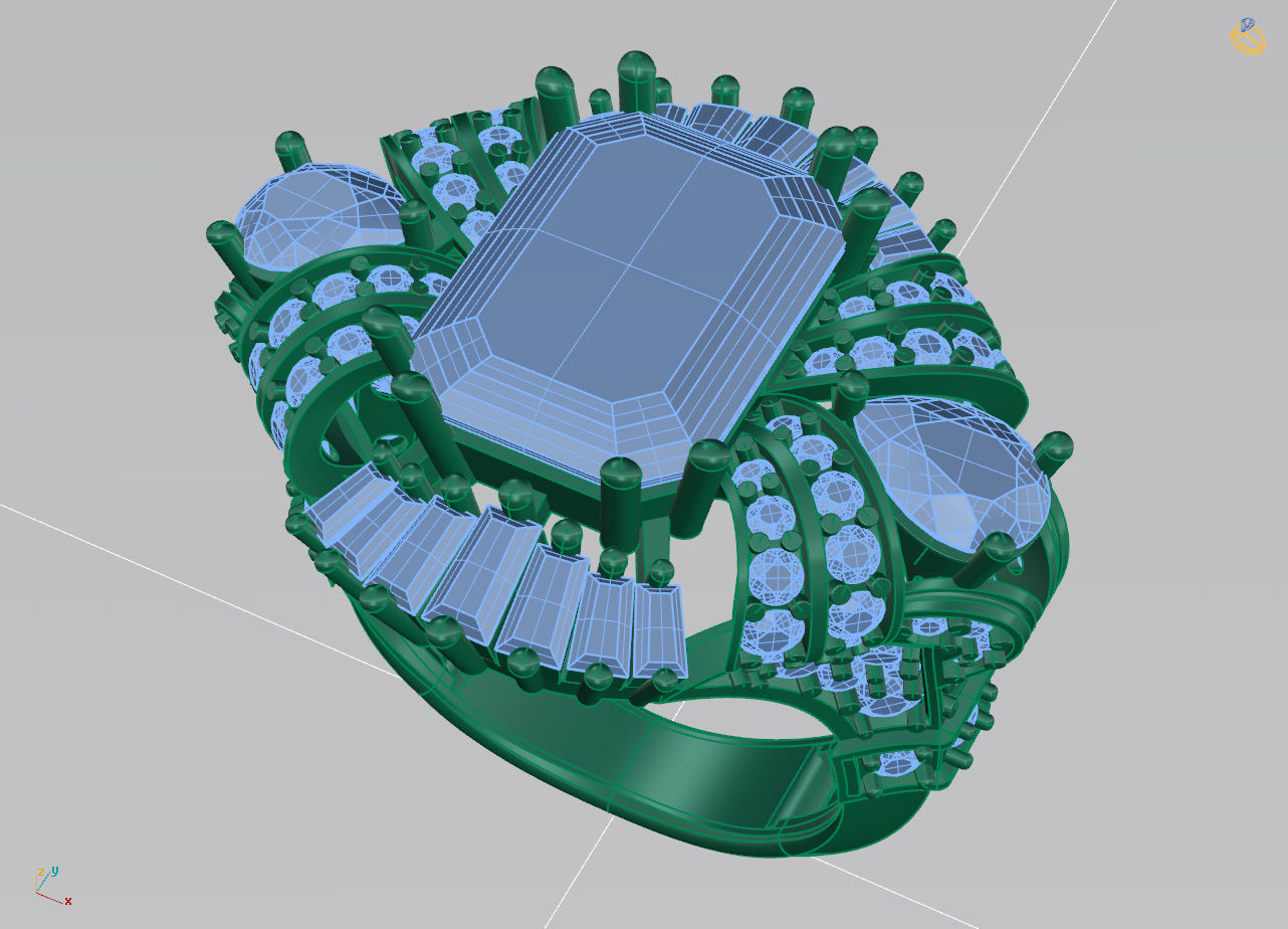 King Crown Big Emerald Cut Diamonds Ring 3D print model_15