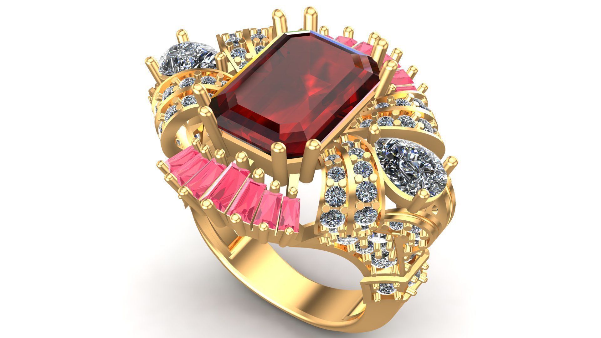 King Crown Big Emerald Cut Diamonds Ring 3D print model_13