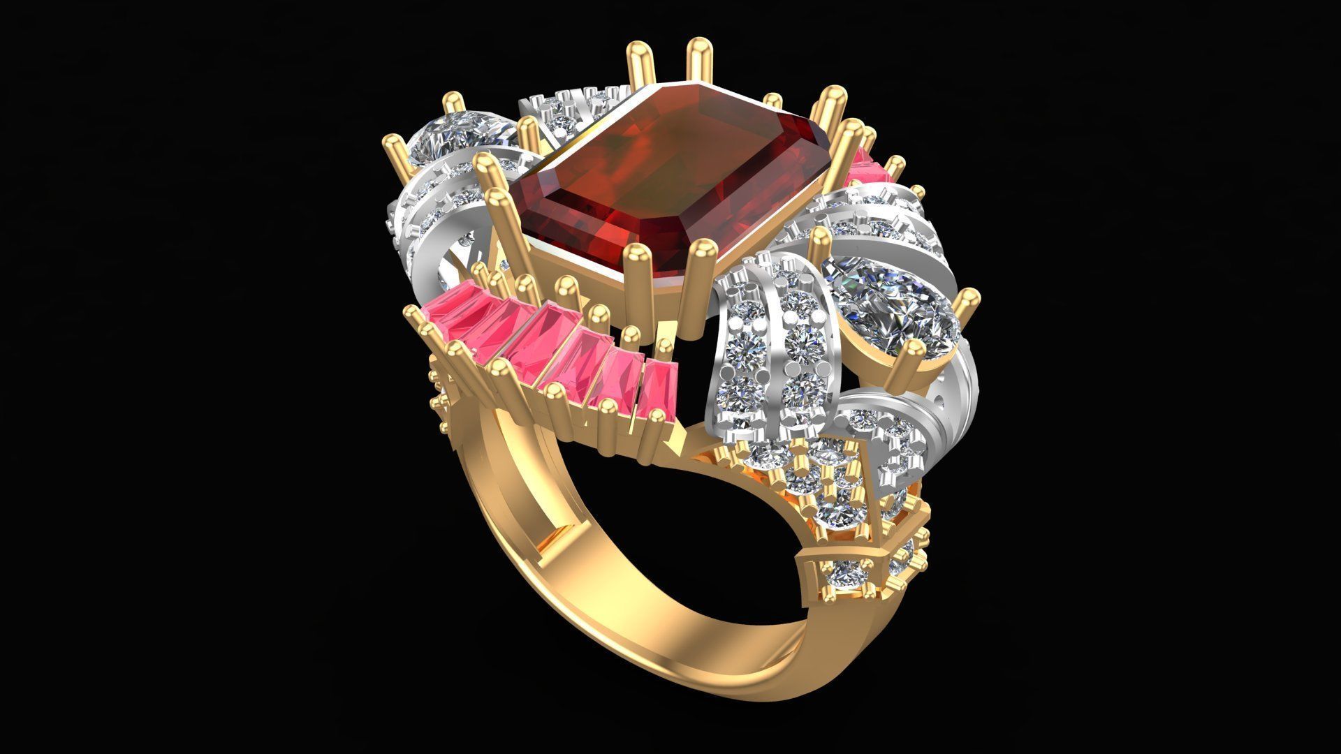 King Crown Big Emerald Cut Diamonds Ring 3D print model_9