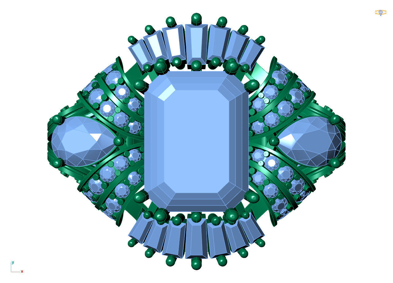 King Crown Big Emerald Cut Diamonds Ring 3D print model_17