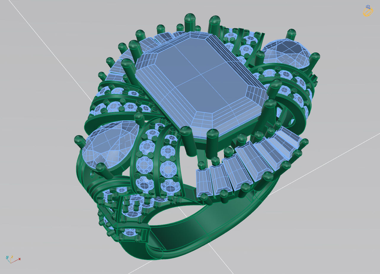 King Crown Big Emerald Cut Diamonds Ring 3D print model_16