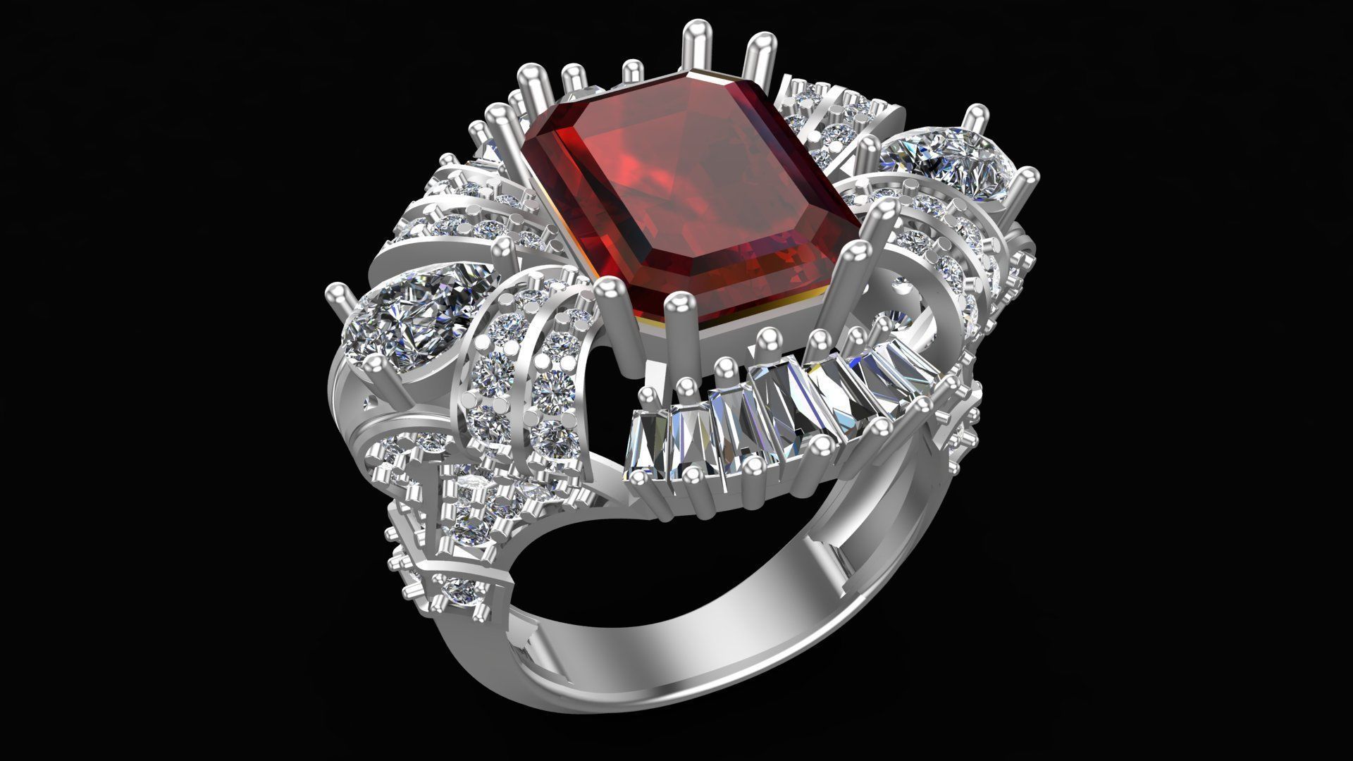 King Crown Big Emerald Cut Diamonds Ring 3D print model_11