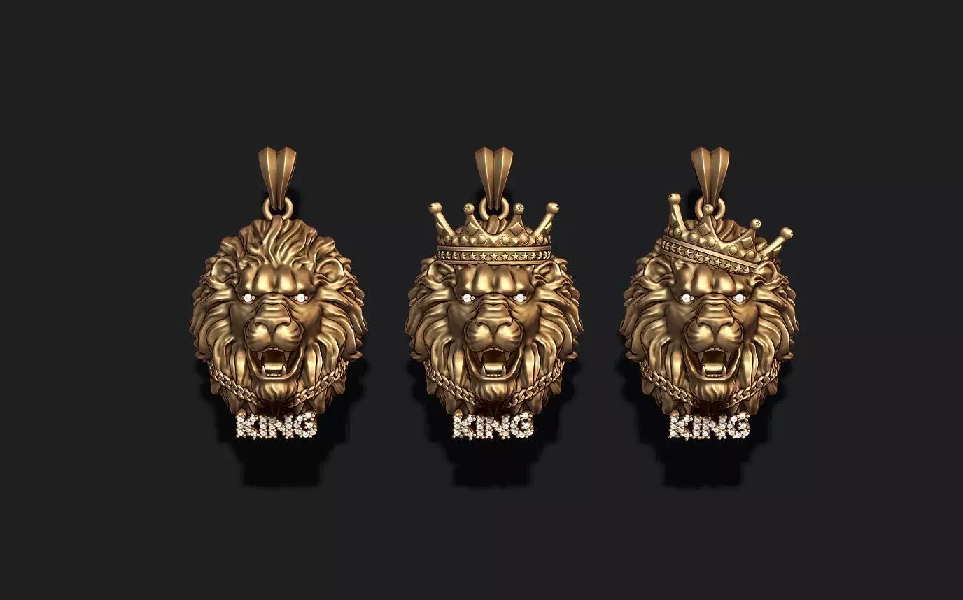 King lion with crown and chain gems pendants pack 3D print model_0