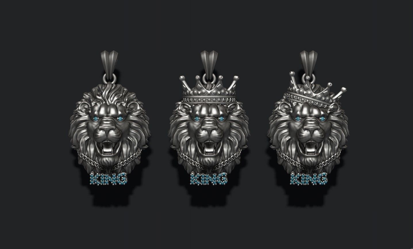 King lion with crown and chain gems pendants pack 3D print model_6