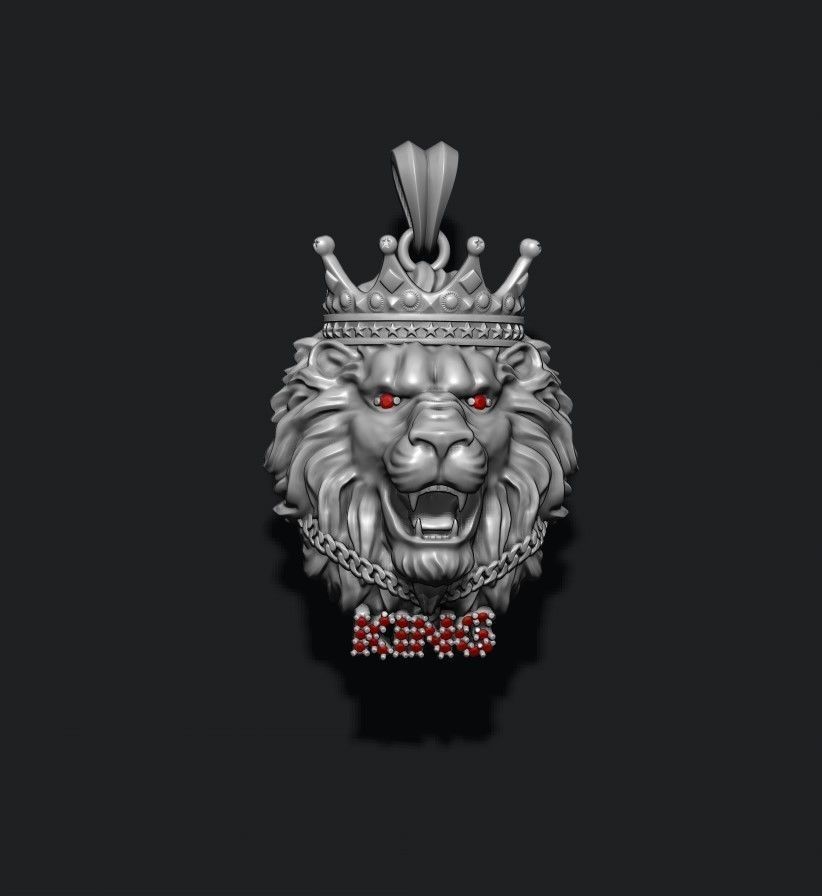 King lion with crown and chain gems pendants pack 3D print model_2