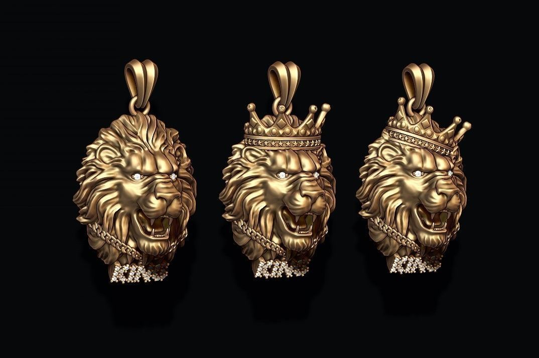 King lion with crown and chain gems pendants pack 3D print model_4