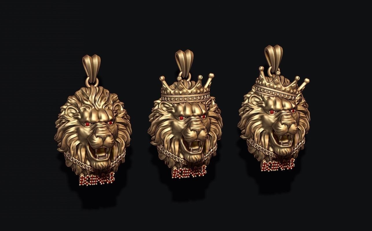 King lion with crown and chain gems pendants pack 3D print model_1