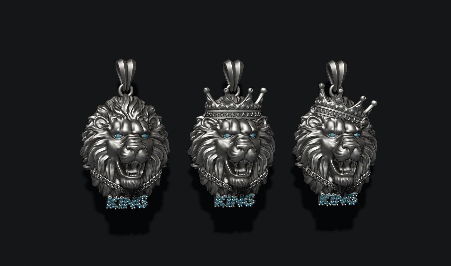 King lion with crown and chain gems pendants pack 3D print model_7