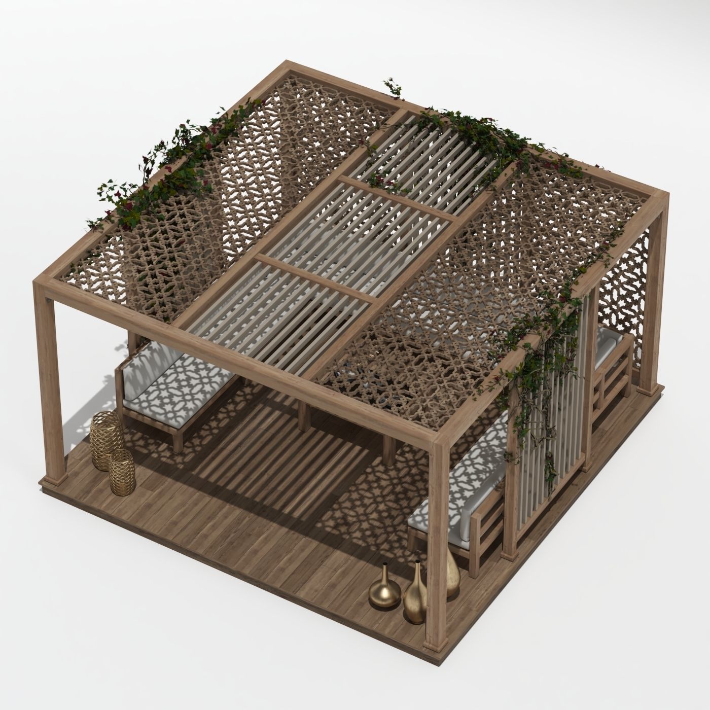 Wood Gazebo with ivy plant 3D model_1