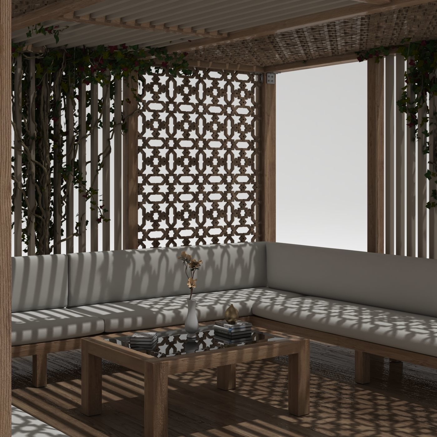 Wood Gazebo with ivy plant 3D model_2