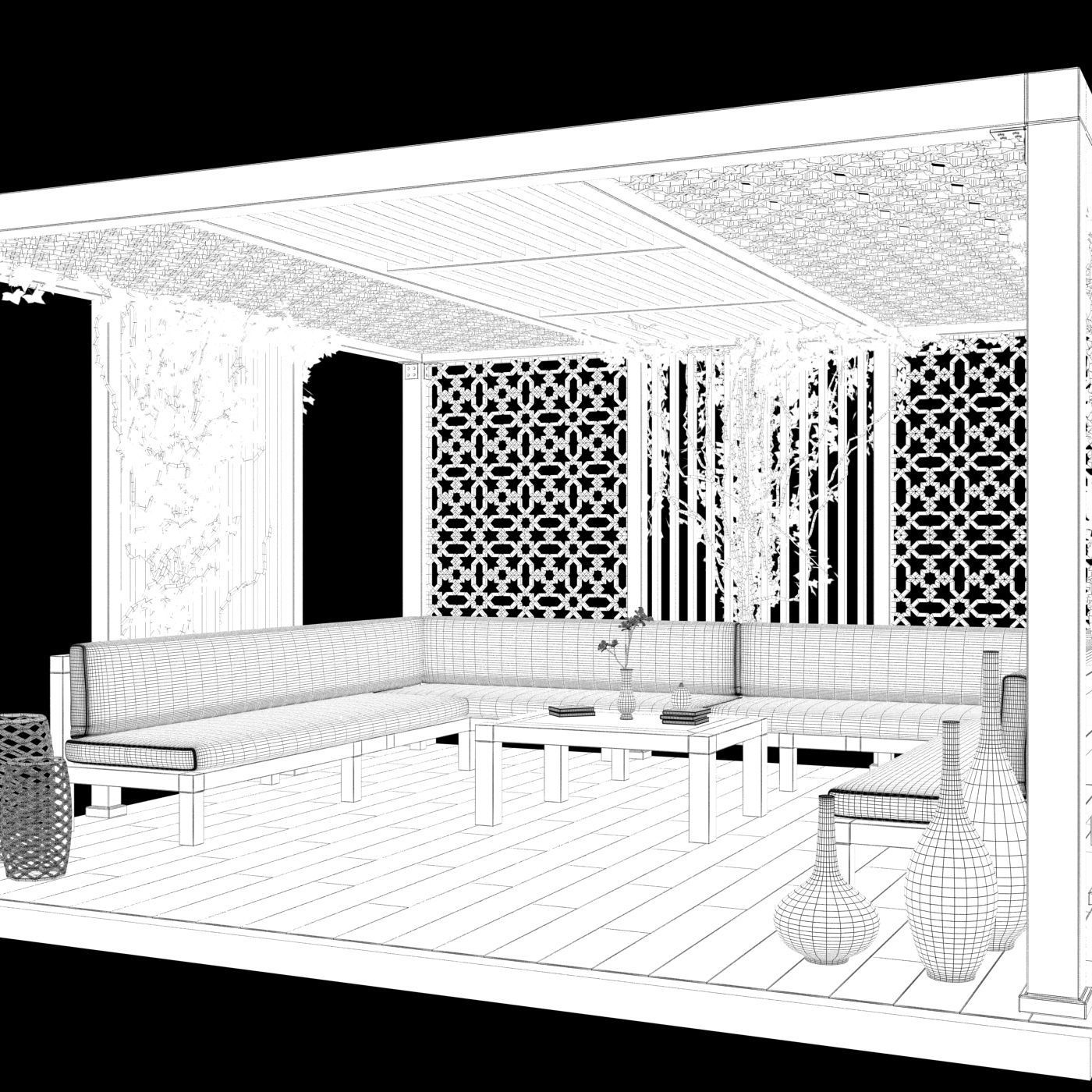 Wood Gazebo with ivy plant 3D model_7