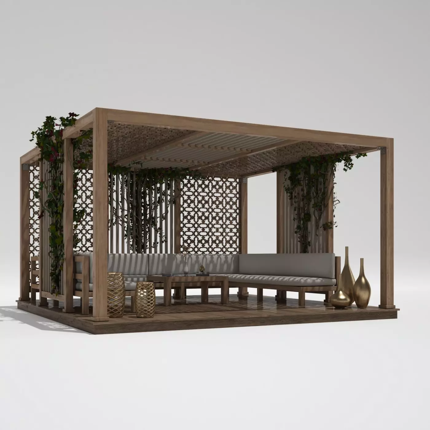 Wood Gazebo with ivy plant 3D model_0