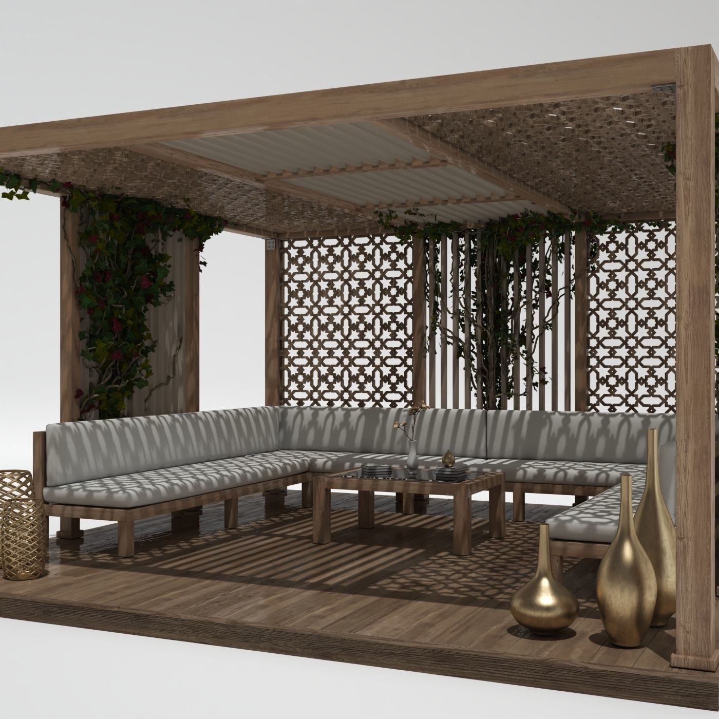 Wood Gazebo with ivy plant 3D model_3