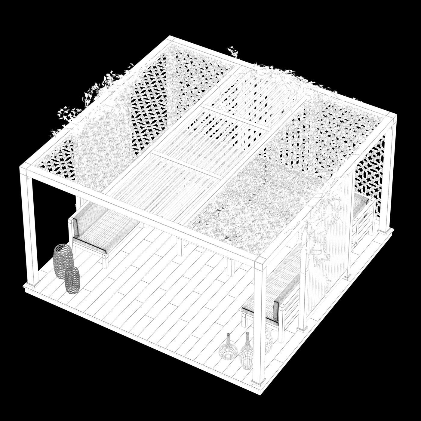 Wood Gazebo with ivy plant 3D model_4