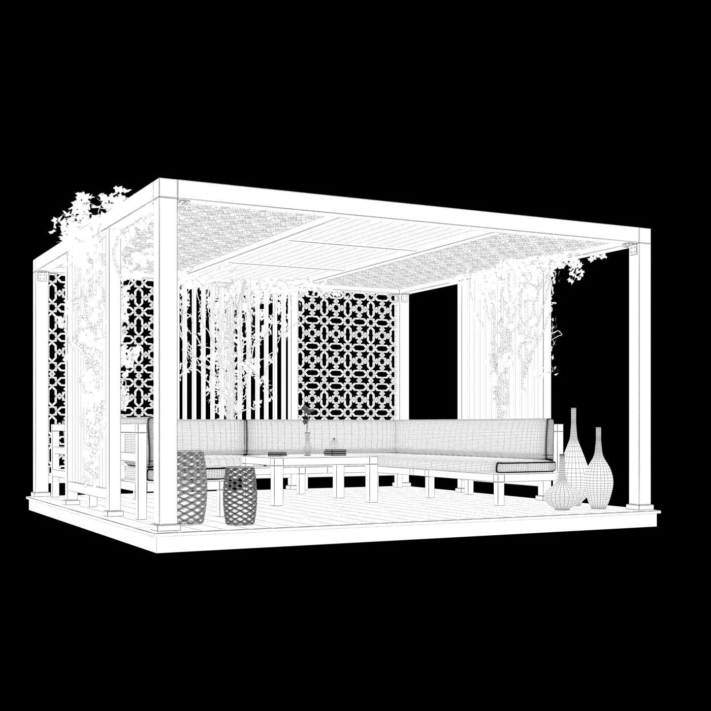 Wood Gazebo with ivy plant 3D model_6