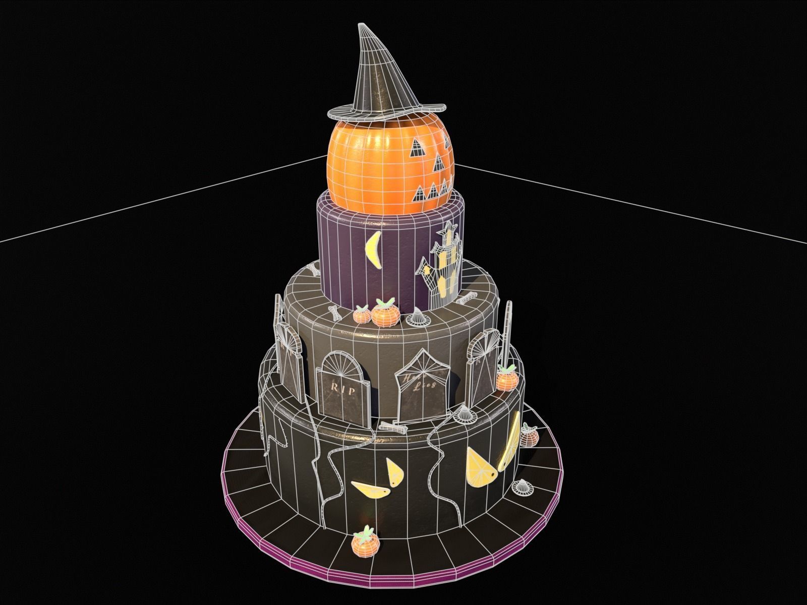 Three Level Halloween Cake Low-poly 3D model_17