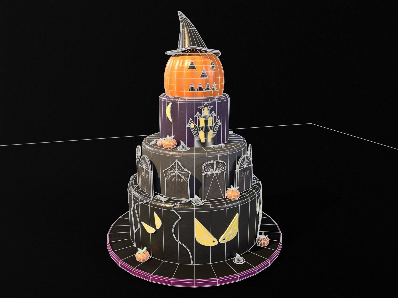 Three Level Halloween Cake Low-poly 3D model_3