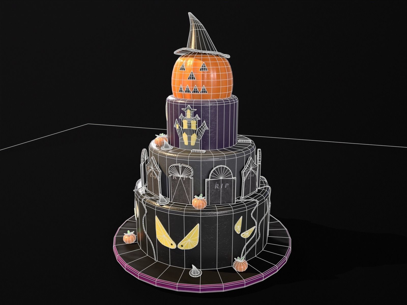 Three Level Halloween Cake Low-poly 3D model_7